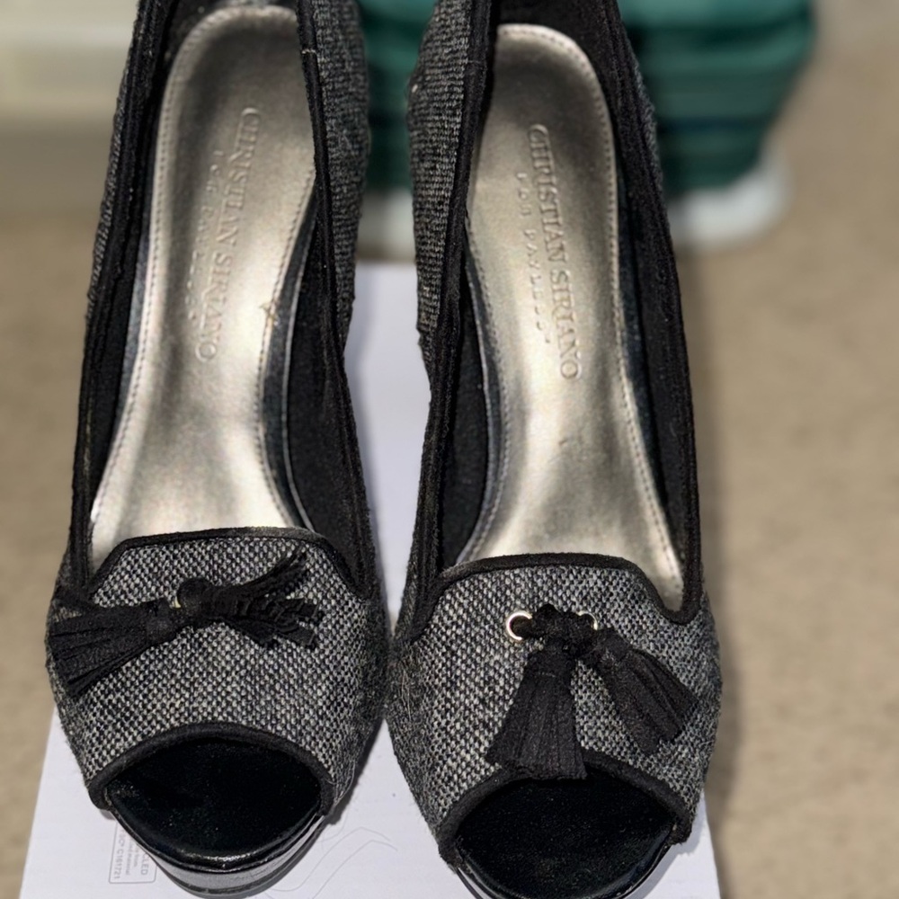 Christian Siriano Black and Gray Tassel Peep-Toe Heels